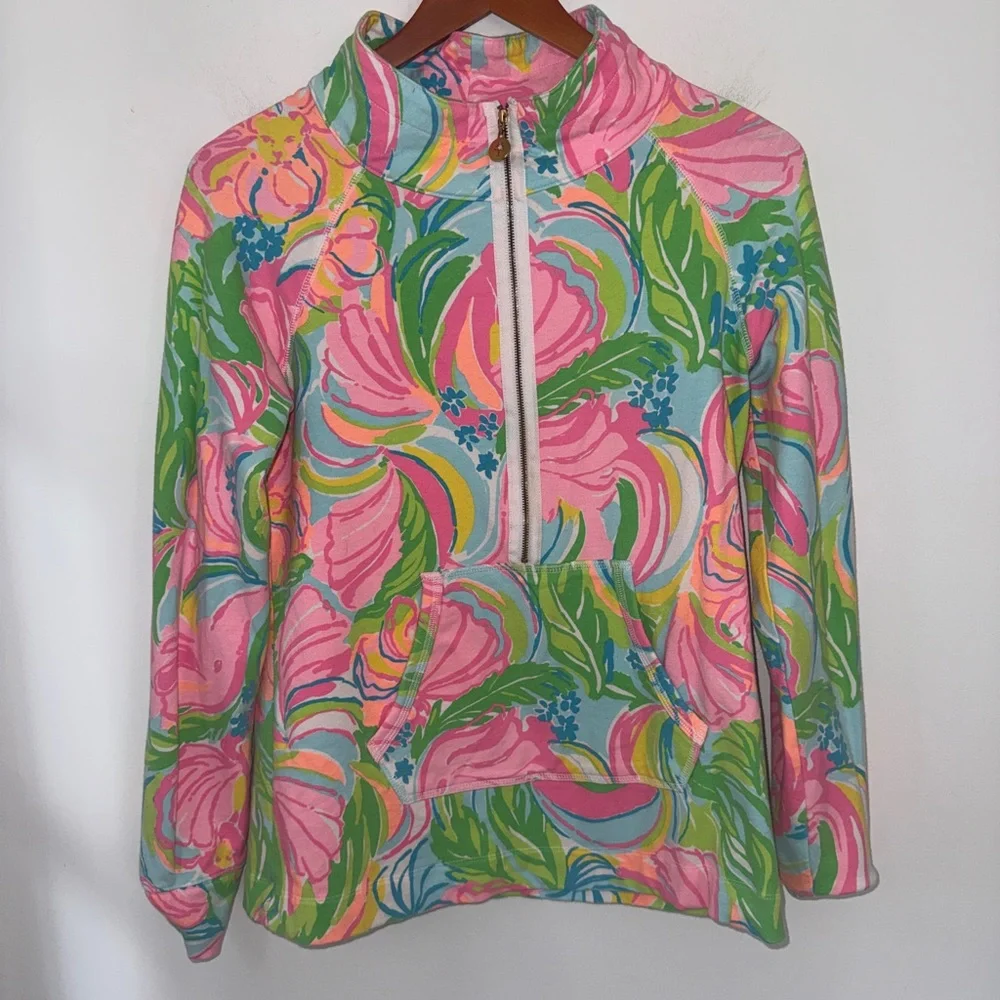 Lilly Pulitzer Floral Half Zip Pullover Jacket Pink Green Blue Medium - Picture 4 of 14